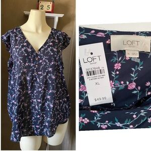 Loft Women's Ruffle Sleeve Navy Blue Floral Print Blouse Size XL